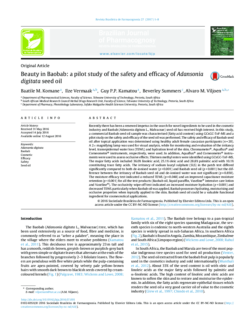 Beauty in Baobab: a pilot study of the safety and efficacy of Adansonia digitata seed oil