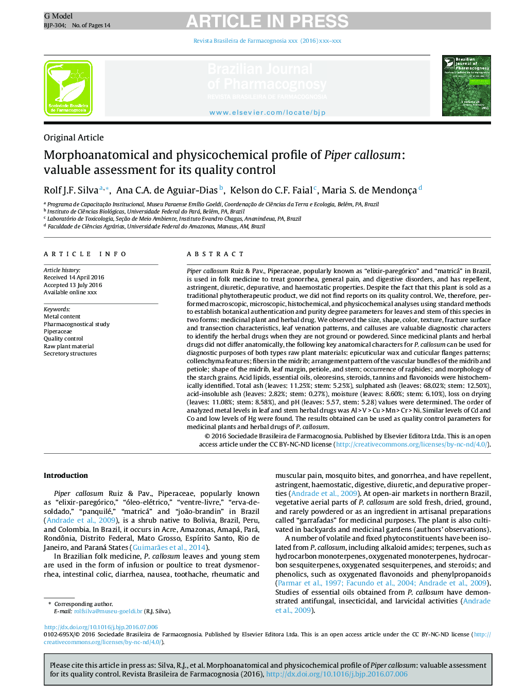 Morphoanatomical and physicochemical profile of Piper callosum: valuable assessment for its quality control