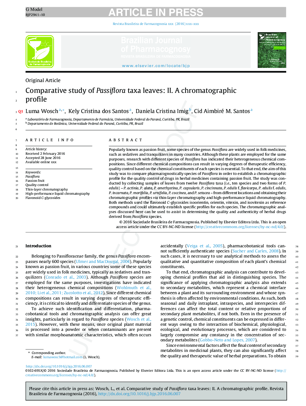 Comparative study of Passiflora taxa leaves: II. A chromatographic profile