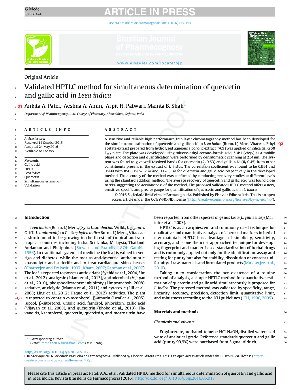 Validated high performance thin layer chromatography method for simultaneous determination of quercetin and gallic acid in Leea indica