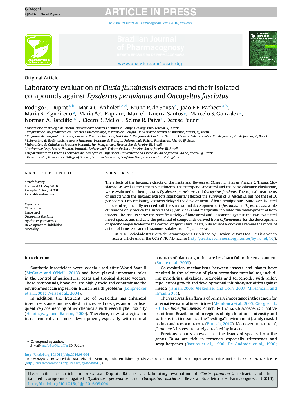 Laboratory evaluation of Clusia fluminensis extracts and their isolated compounds against Dysdercus peruvianus and Oncopeltus fasciatus