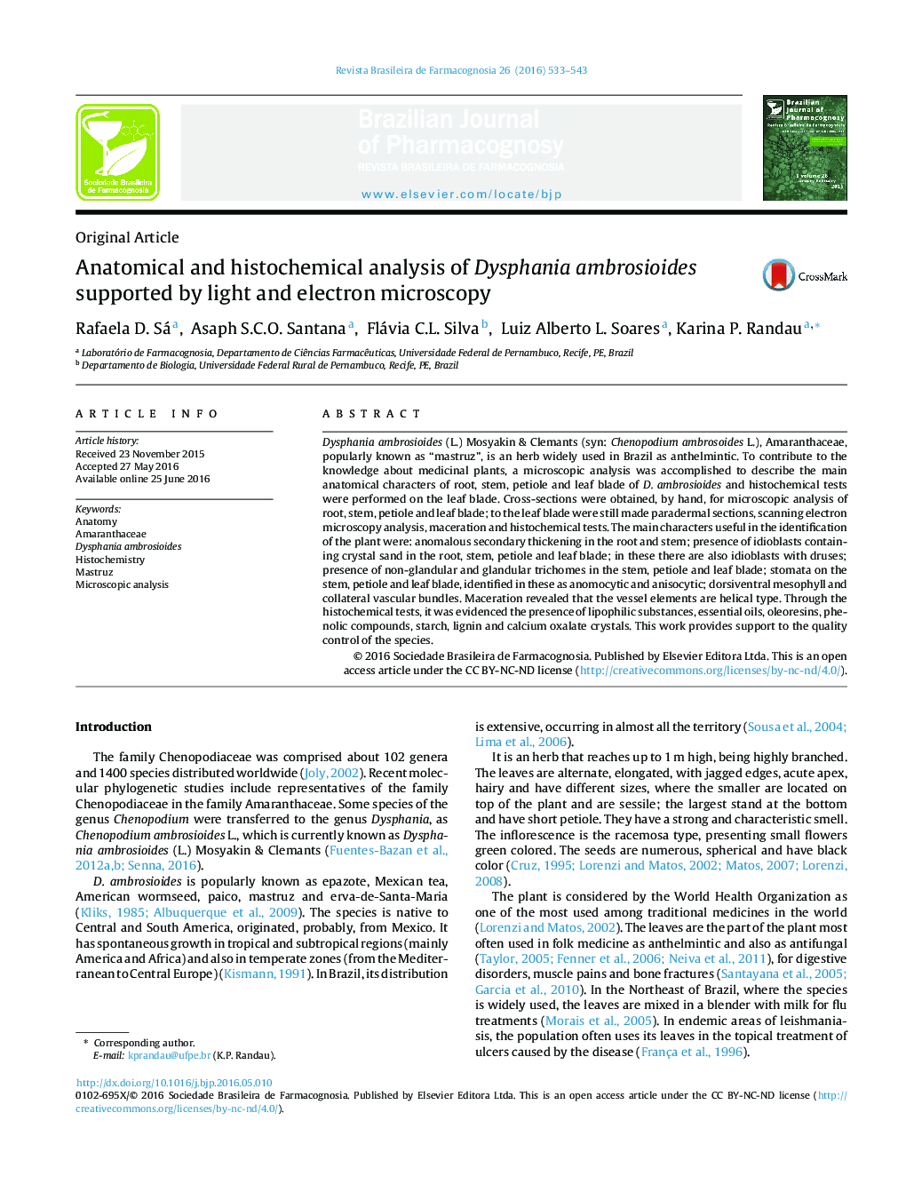 Anatomical and histochemical analysis of Dysphania ambrosioides supported by light and electron microscopy