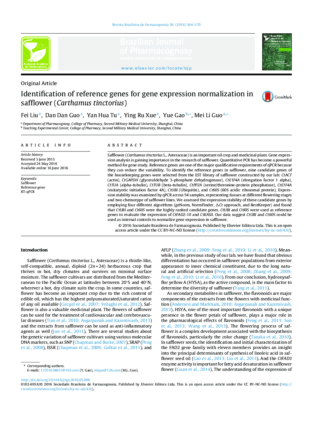 Identification of reference genes for gene expression normalization in safflower (Carthamus tinctorius)