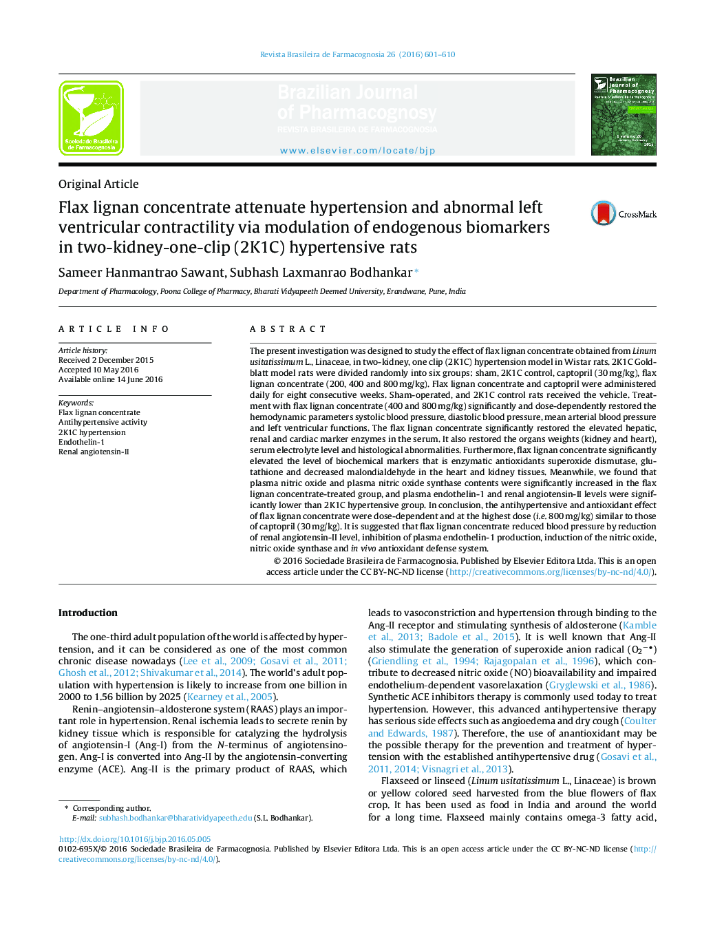 Flax lignan concentrate attenuate hypertension and abnormal left ventricular contractility via modulation of endogenous biomarkers in two-kidney-one-clip (2K1C) hypertensive rats