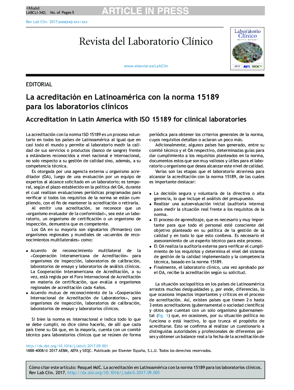 عکس صفحه اول مقاله: La acreditación en Latinoamérica con la norma 15189 para los laboratorios clÃnicos La acreditación en Latinoamérica con la norma 15189 para los laboratorios clÃnicos