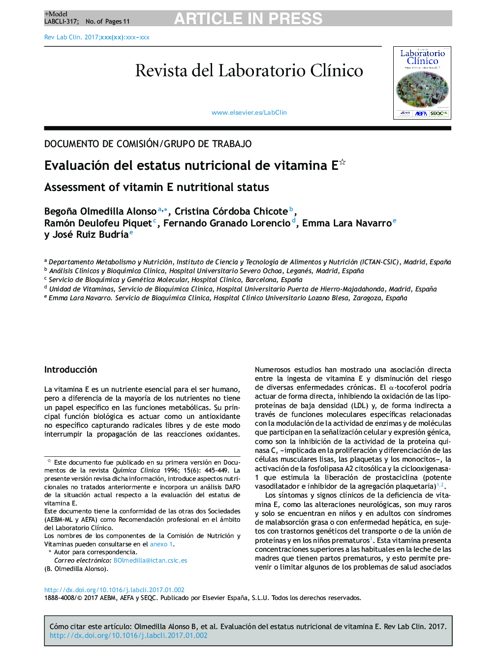 عکس صفحه اول مقاله: Evaluación del estatus nutricional de vitamina E Evaluación del estatus nutricional de vitamina E