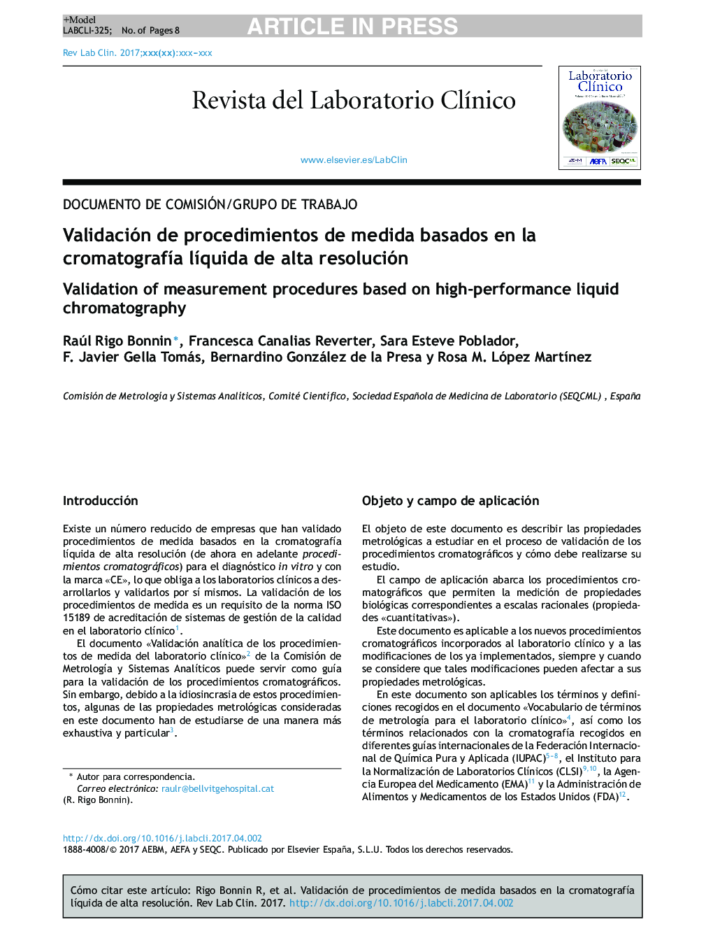 عکس صفحه اول مقاله: Validación de procedimientos de medida basados en la cromatografÃa lÃquida de alta resolución Validación de procedimientos de medida basados en la cromatografÃa lÃquida de alta resolución