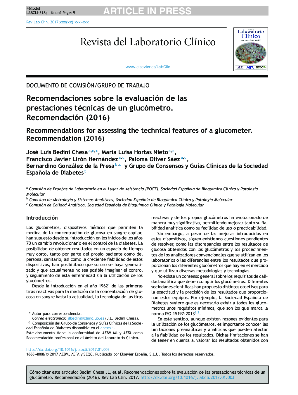 عکس صفحه اول مقاله: Recomendaciones sobre la evaluación de las prestaciones técnicas de un glucómetro. Recomendación (2016) Recomendaciones sobre la evaluación de las prestaciones técnicas de un glucómetro. Recomendación (2016)