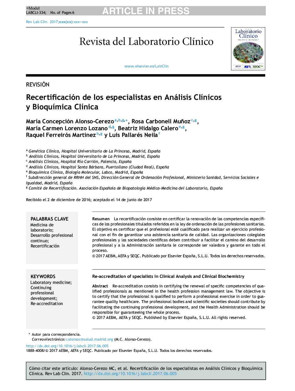 Recertificación de los especialistas en Análisis ClÃ­nicos y BioquÃ­mica ClÃ­nica