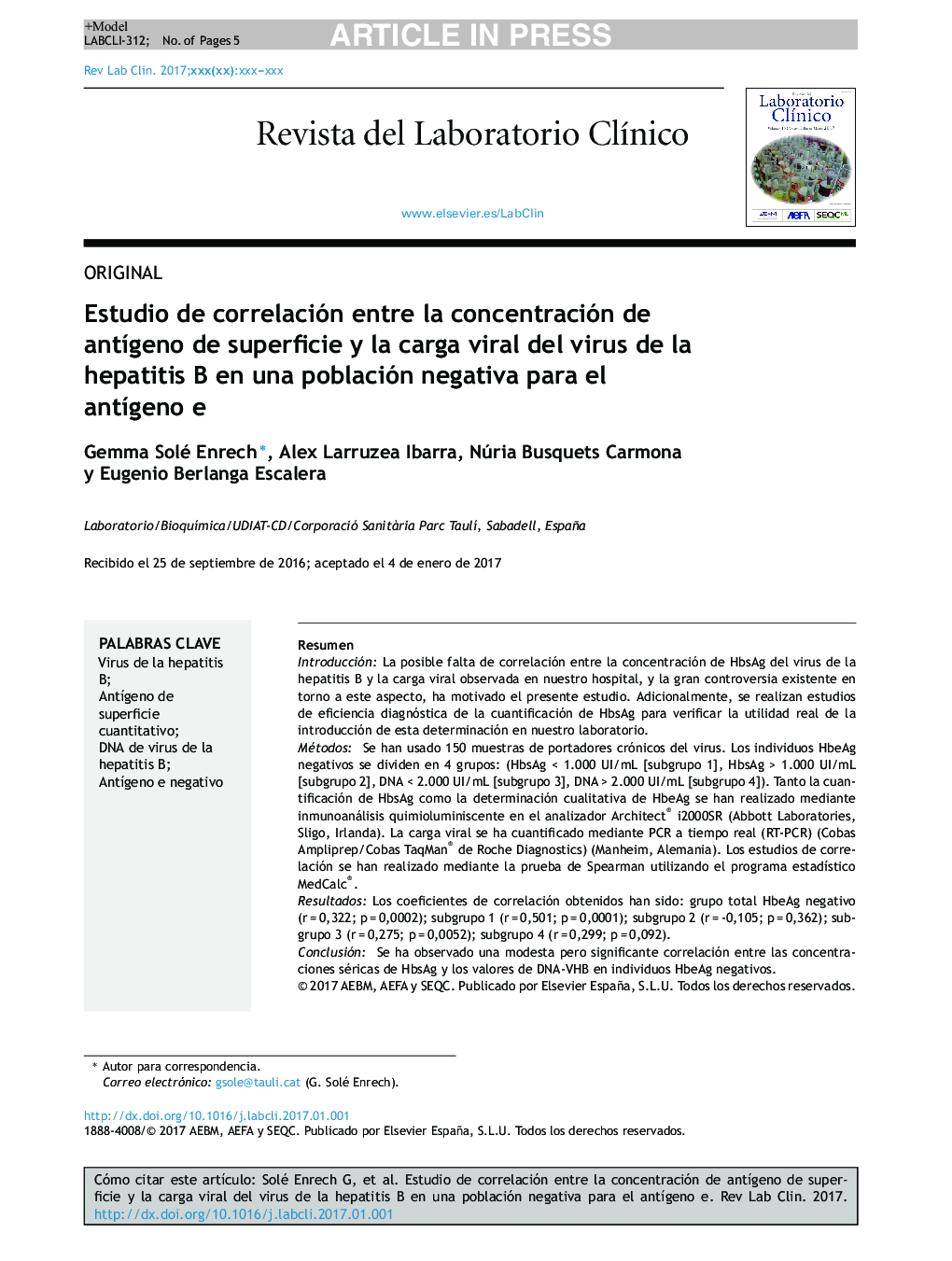Estudio de correlación entre la concentración de antÃ­geno de superficie y la carga viral del virus de la hepatitis B en una población negativa para el antÃ­geno e