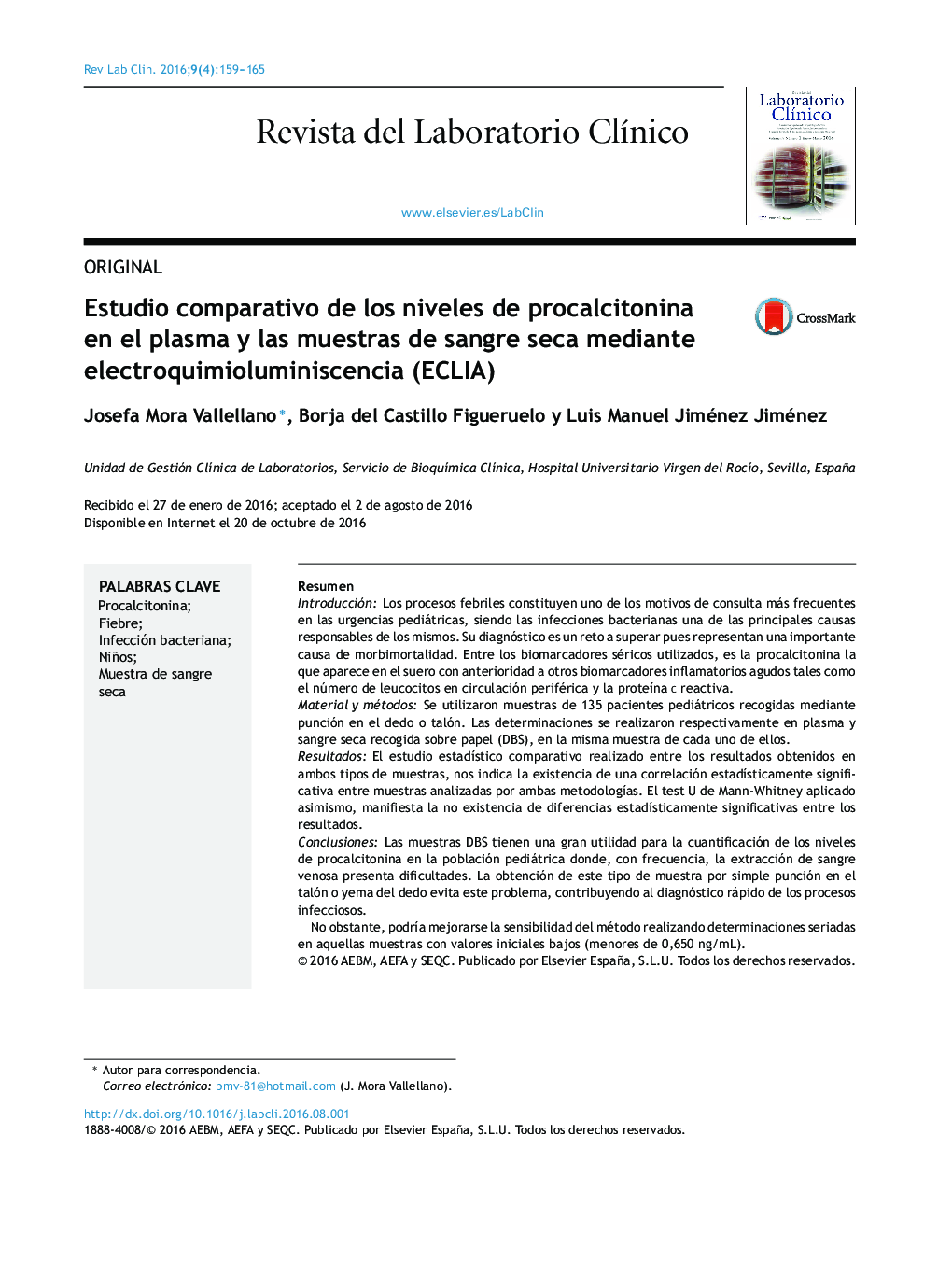 Estudio comparativo de los niveles de procalcitonina en el plasma y las muestras de sangre seca mediante electroquimioluminiscencia (ECLIA)