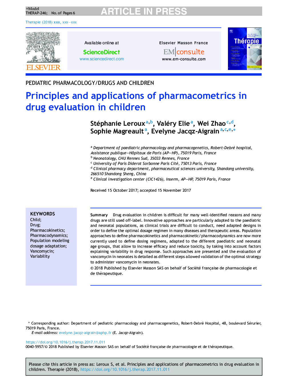 Principles and applications of pharmacometrics in drug evaluation in children