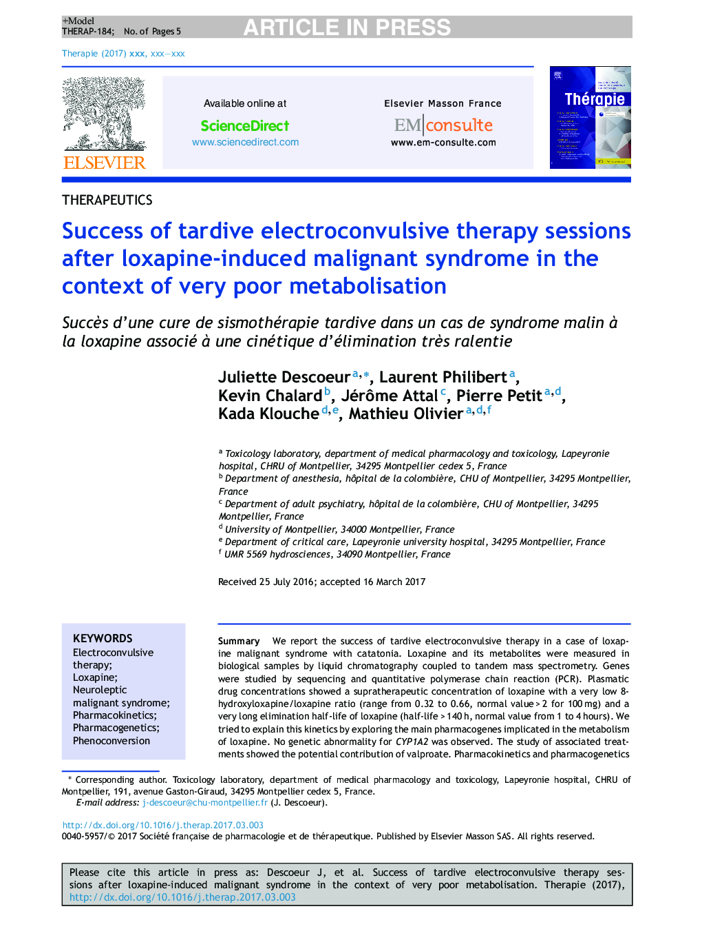 Success of tardive electroconvulsive therapy sessions after loxapine-induced malignant syndrome in the context of very poor metabolisation