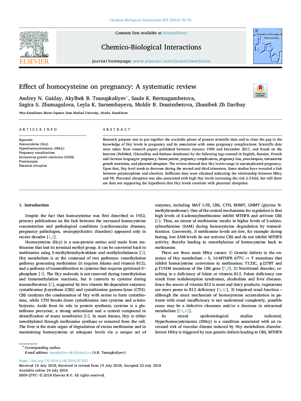 Effect of homocysteine on pregnancy: A systematic review