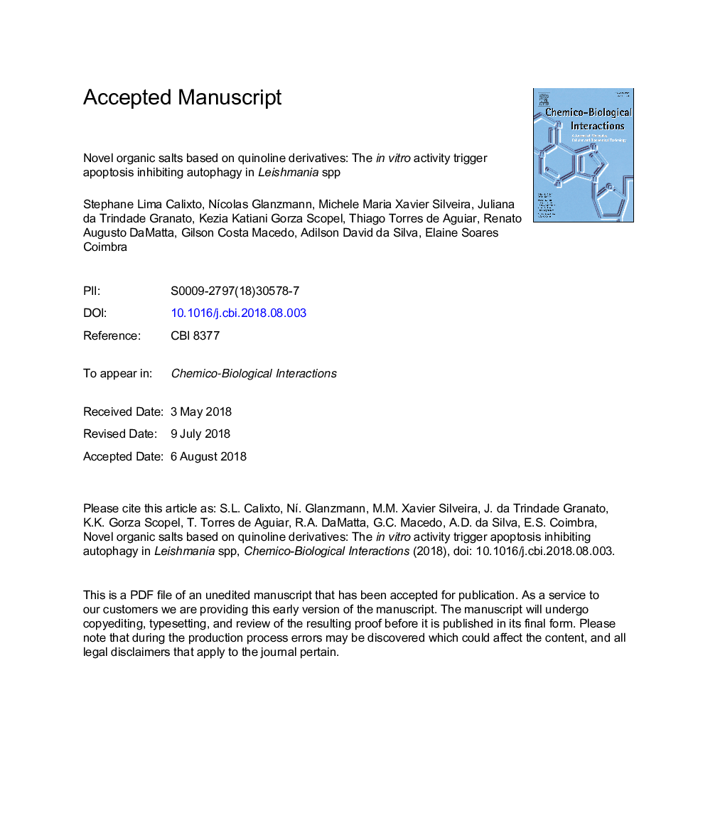 Novel organic salts based on quinoline derivatives: The in vitro activity trigger apoptosis inhibiting autophagy in Leishmania spp.
