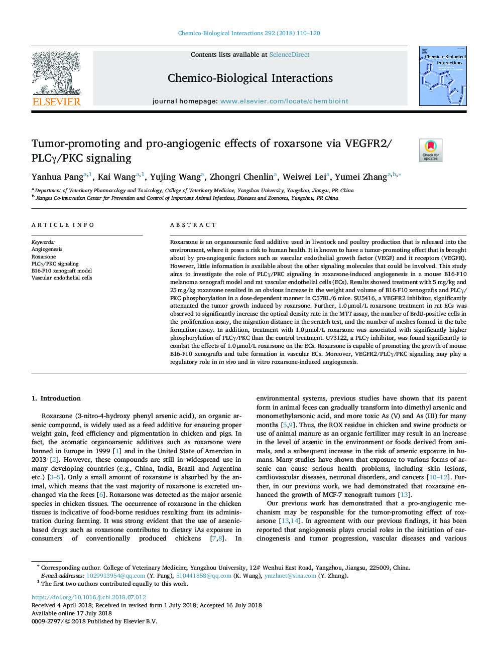 Tumor-promoting and pro-angiogenic effects of roxarsone via VEGFR2/PLCÎ³/PKC signaling