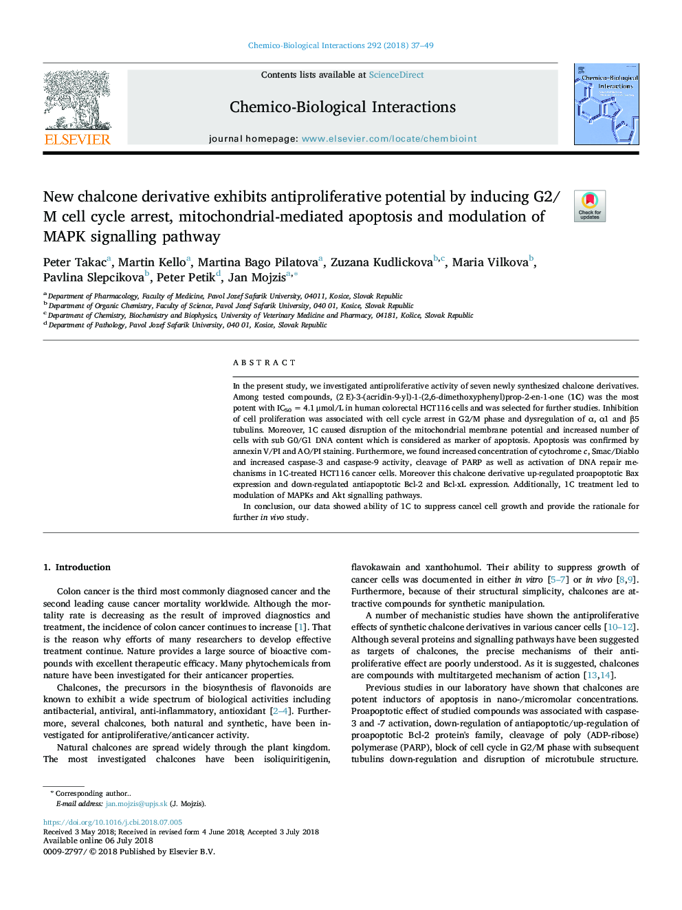New chalcone derivative exhibits antiproliferative potential by inducing G2/M cell cycle arrest, mitochondrial-mediated apoptosis and modulation of MAPK signalling pathway