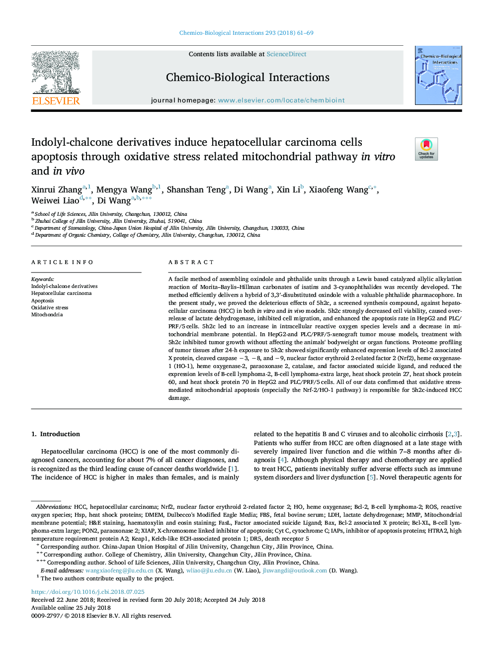 عکس صفحه اول مقاله: Indolyl-chalcone derivatives induce hepatocellular carcinoma cells apoptosis through oxidative stress related mitochondrial pathway in vitro and in vivo Indolyl-chalcone derivatives induce hepatocellular carcinoma cells apoptosis through oxidative stress related mitochondrial pathway in vitro and in vivo