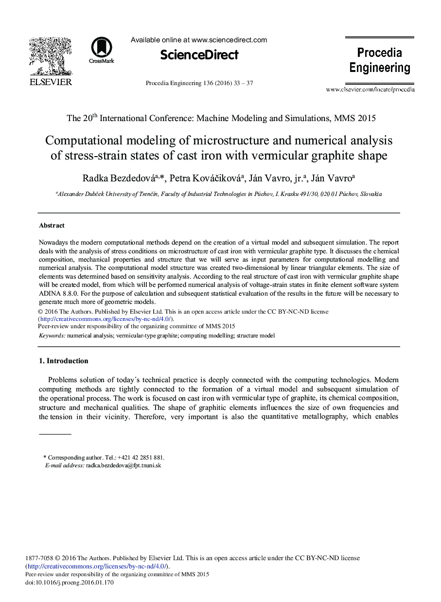 Computational Modeling of Microstructure and Numerical Analysis of Stress-Strain States of Cast Iron with Vermicular Graphite Shape 