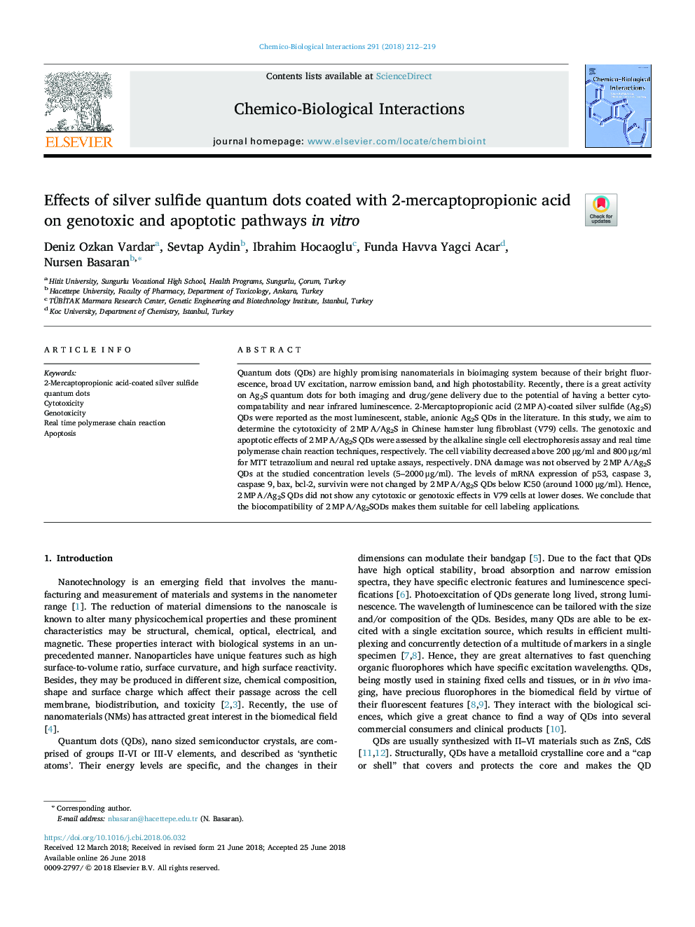 Effects of silver sulfide quantum dots coated with 2-mercaptopropionic acid on genotoxic and apoptotic pathways in vitro