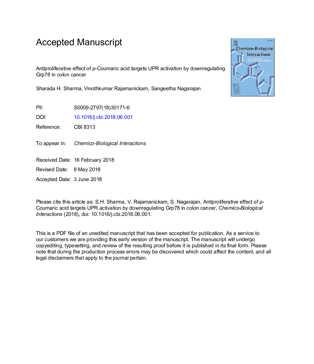 Antiproliferative effect of p-Coumaric acid targets UPR activation by downregulating Grp78 in colon cancer