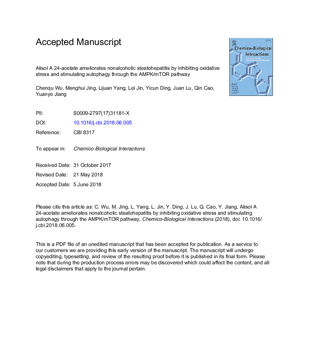 Alisol A 24-acetate ameliorates nonalcoholic steatohepatitis by inhibiting oxidative stress and stimulating autophagy through the AMPK/mTOR pathway