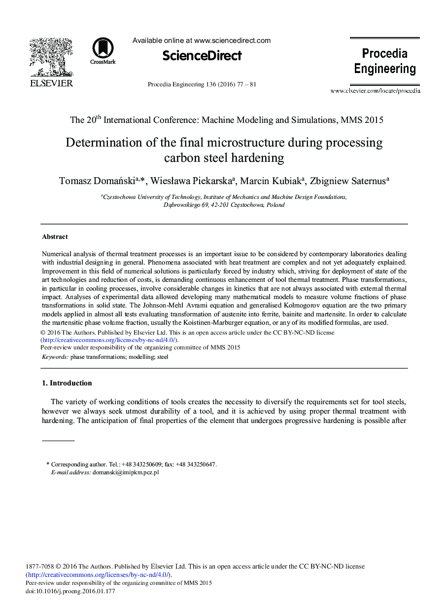 Determination of the Final Microstructure during Processing Carbon Steel Hardening 