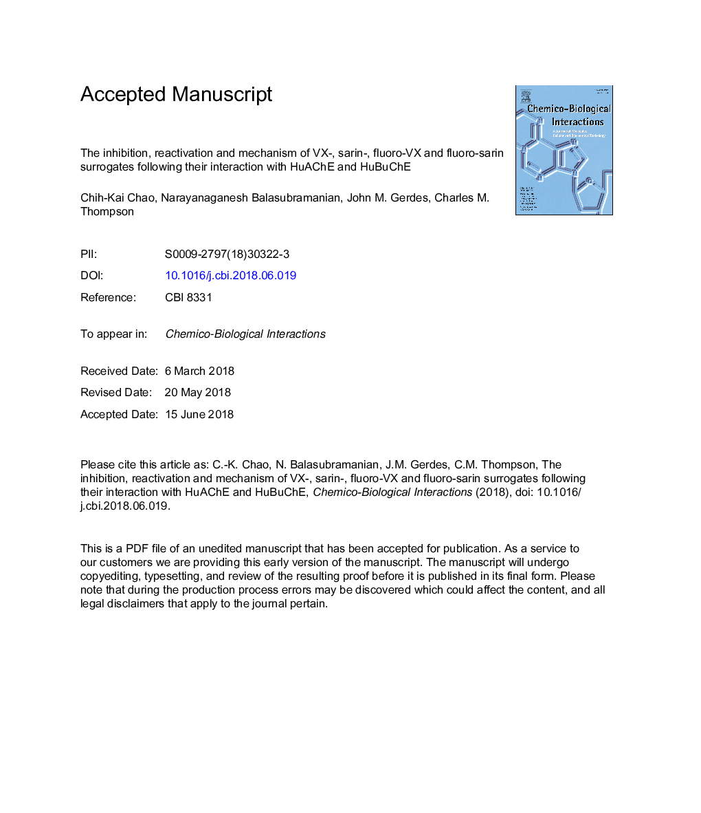 The inhibition, reactivation and mechanism of VX-, sarin-, fluoro-VX and fluoro-sarin surrogates following their interaction with HuAChE and HuBuChE