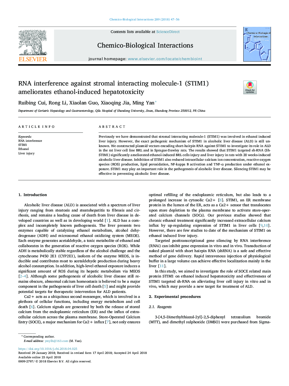 RNA interference against stromal interacting molecule-1 (STIM1) ameliorates ethanol-induced hepatotoxicity