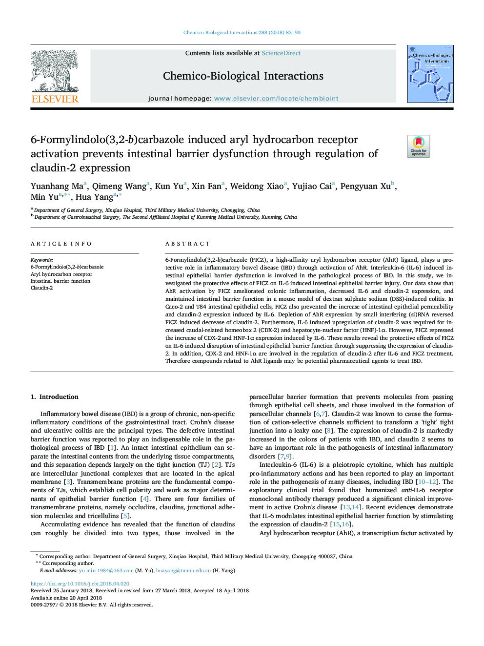 6-Formylindolo(3,2-b)carbazole induced aryl hydrocarbon receptor activation prevents intestinal barrier dysfunction through regulation of claudin-2 expression