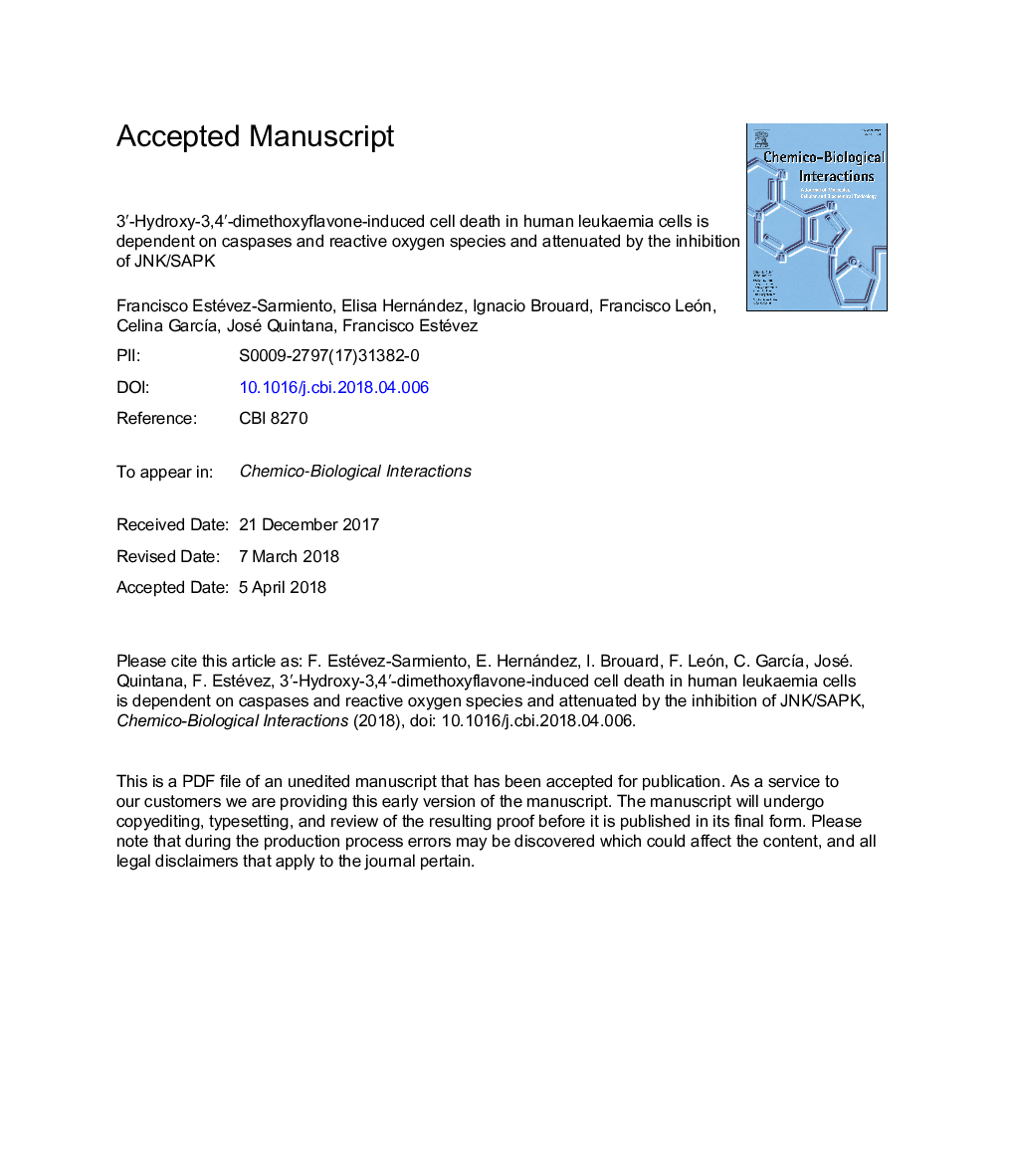 3â²-Hydroxy-3,4â²-dimethoxyflavone-induced cell death in human leukaemia cells is dependent on caspases and reactive oxygen species and attenuated by the inhibition of JNK/SAPK