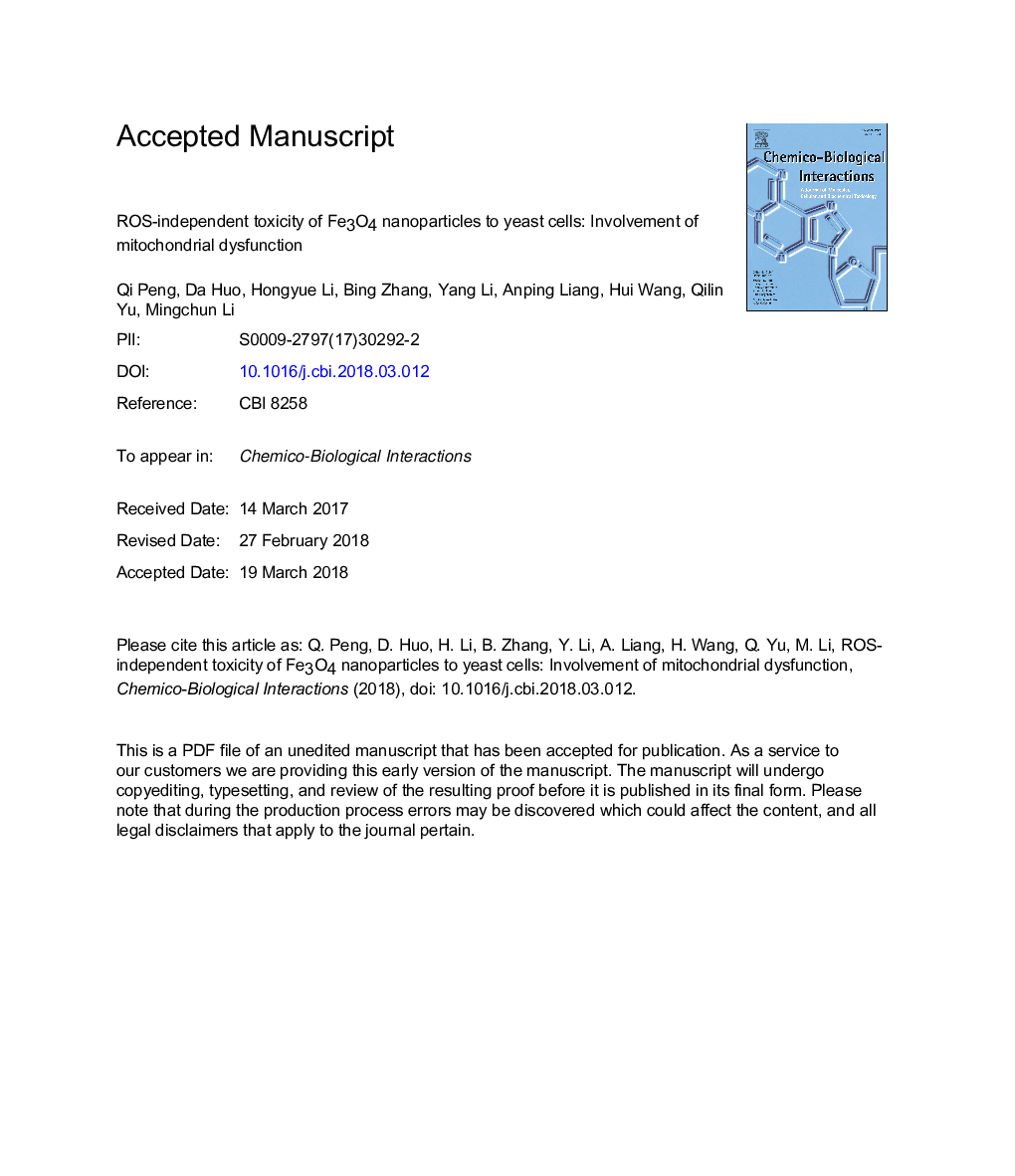 ROS-independent toxicity of Fe3O4 nanoparticles to yeast cells: Involvement of mitochondrial dysfunction