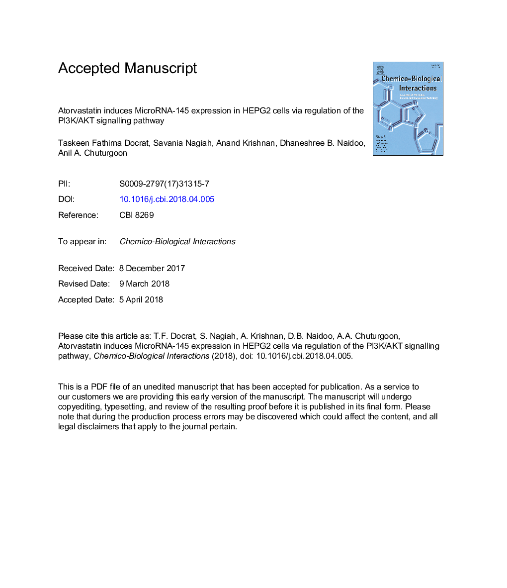 Atorvastatin induces MicroRNA-145 expression in HEPG2 cells via regulation of the PI3K/AKT signalling pathway