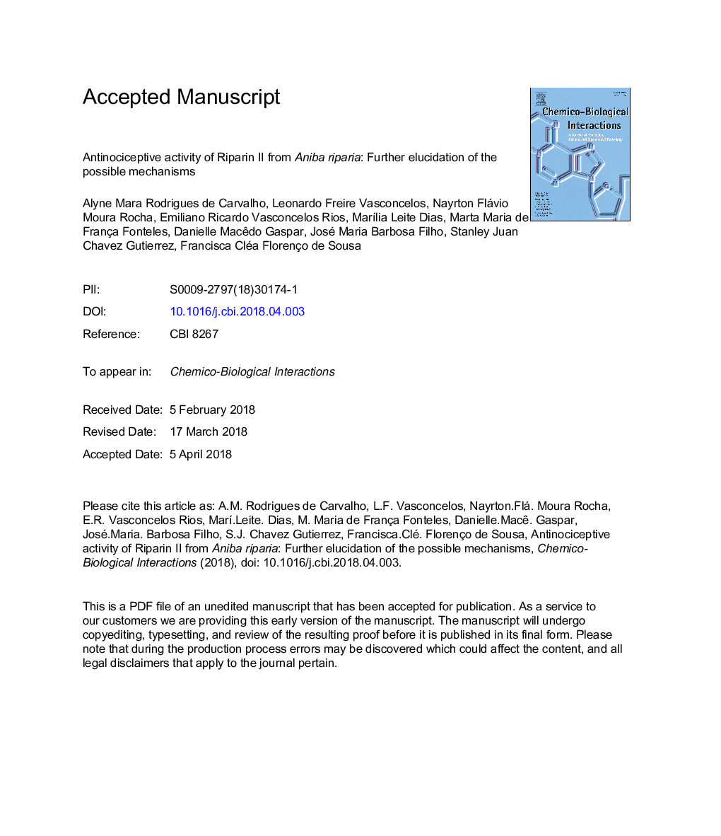 Antinociceptive activity of Riparin II from Aniba riparia: Further elucidation of the possible mechanisms