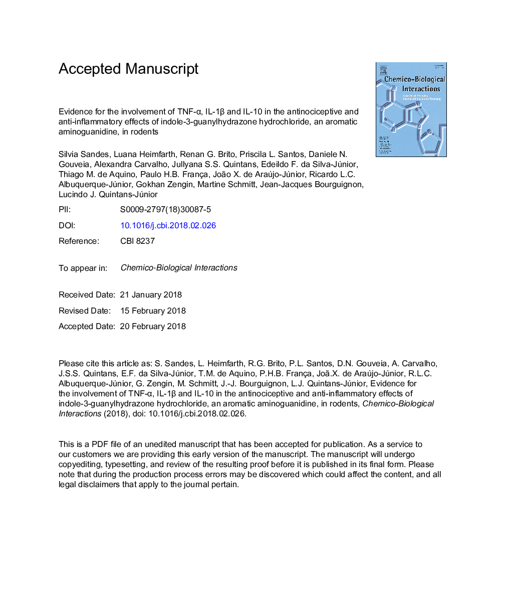 Evidence for the involvement of TNF-Î±, IL-1Î² and IL-10 in the antinociceptive and anti-inflammatory effects of indole-3-guanylhydrazone hydrochloride, an aromatic aminoguanidine, in rodents