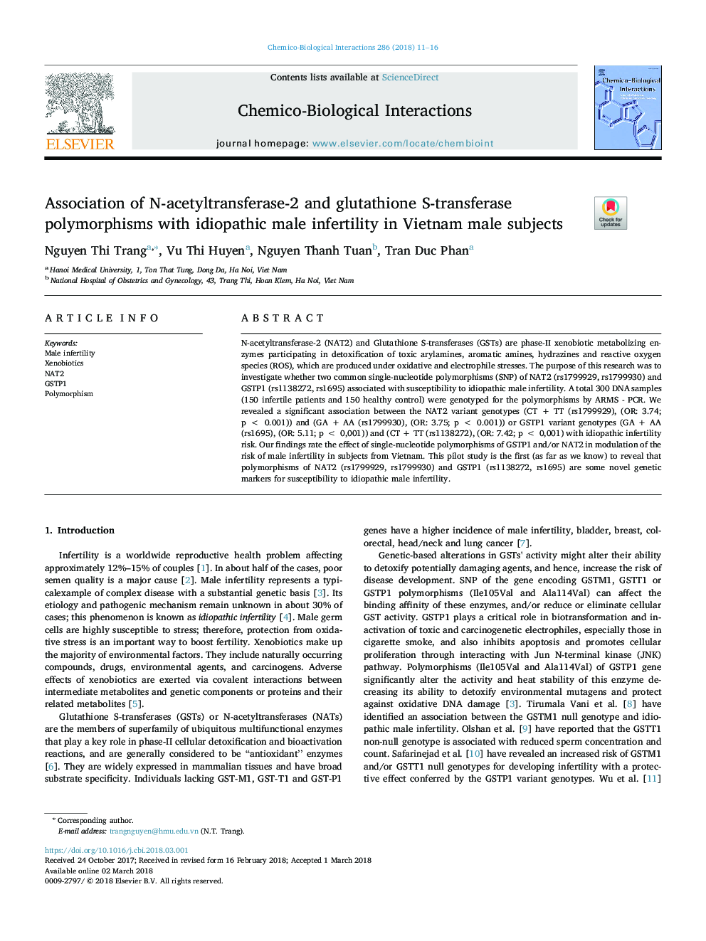 Association of N-acetyltransferase-2 and glutathione S-transferase polymorphisms with idiopathic male infertility in Vietnam male subjects