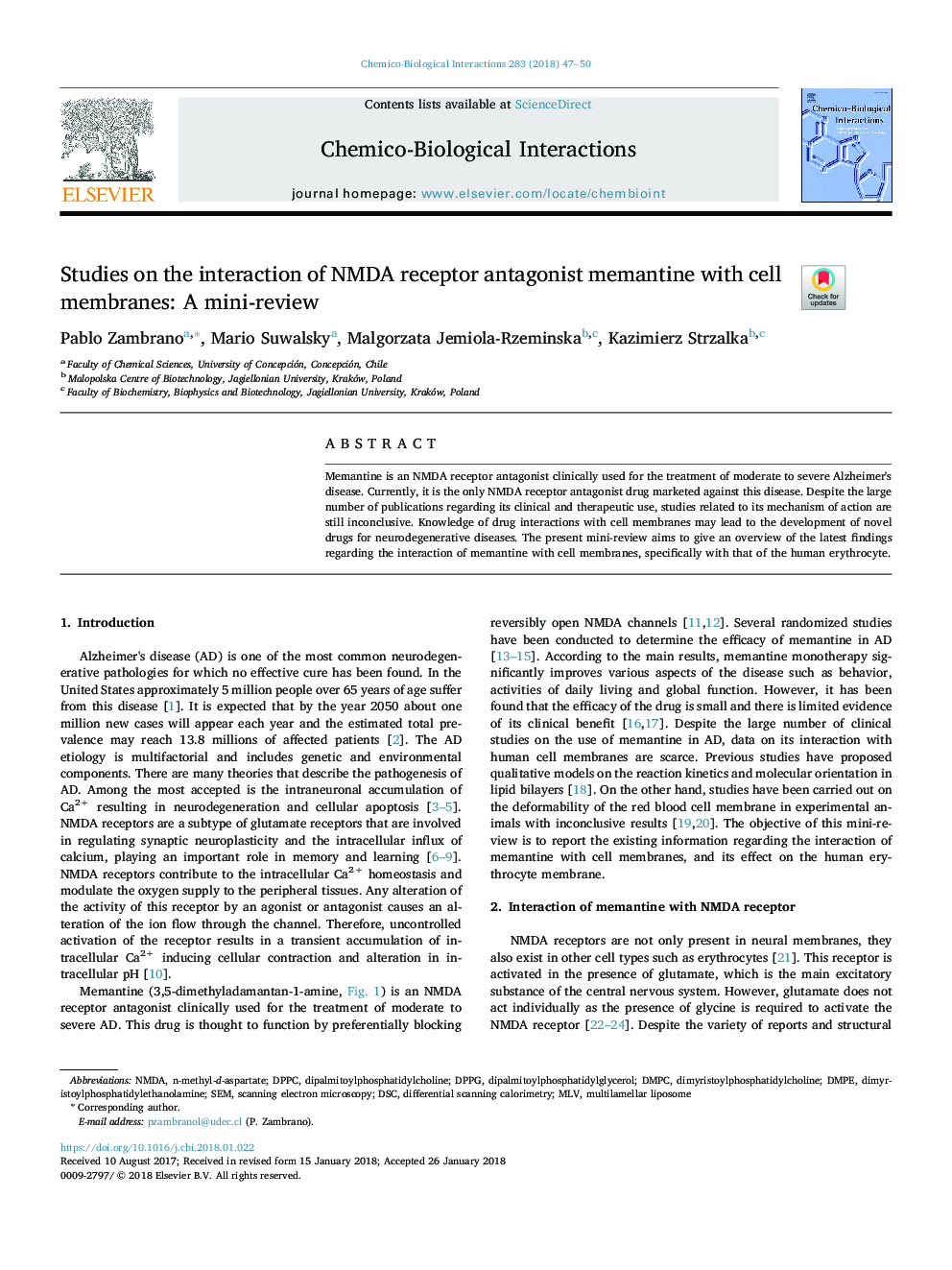 Studies on the interaction of NMDA receptor antagonist memantine with cell membranes: A mini-review