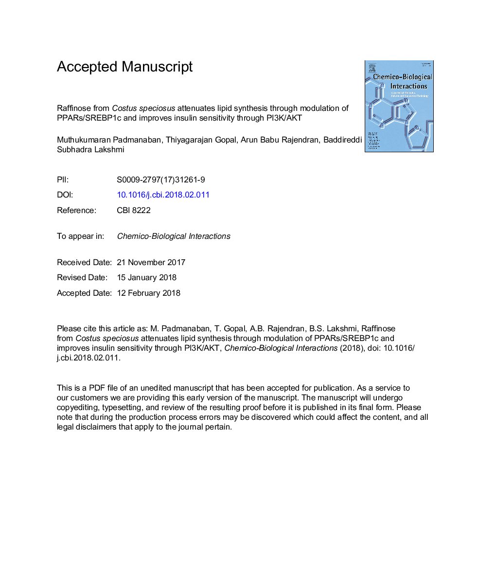 Raffinose from Costus speciosus attenuates lipid synthesis through modulation of PPARs/SREBP1c and improves insulin sensitivity through PI3K/AKT