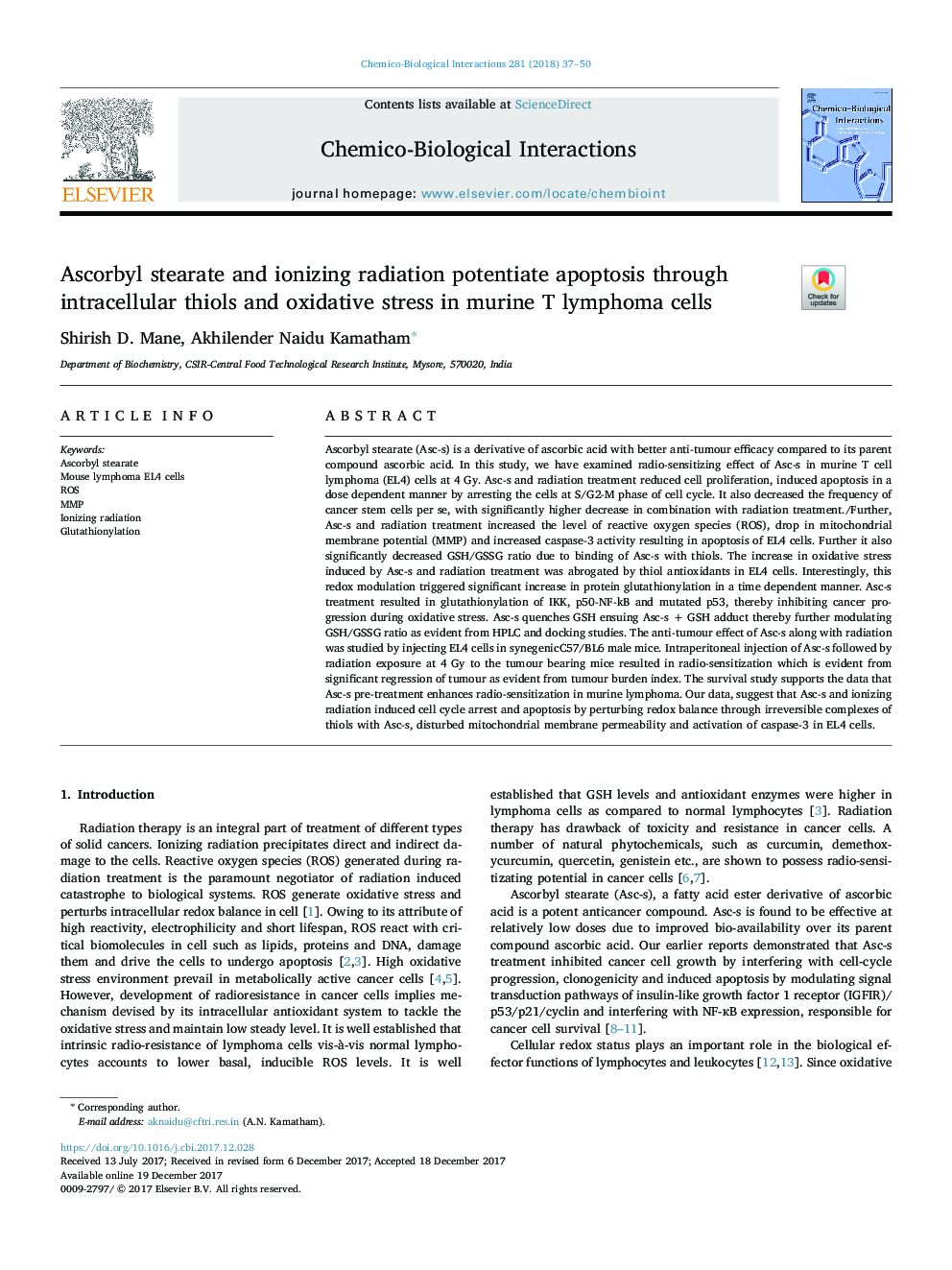 Ascorbyl stearate and ionizing radiation potentiate apoptosis through intracellular thiols and oxidative stress in murine T lymphoma cells