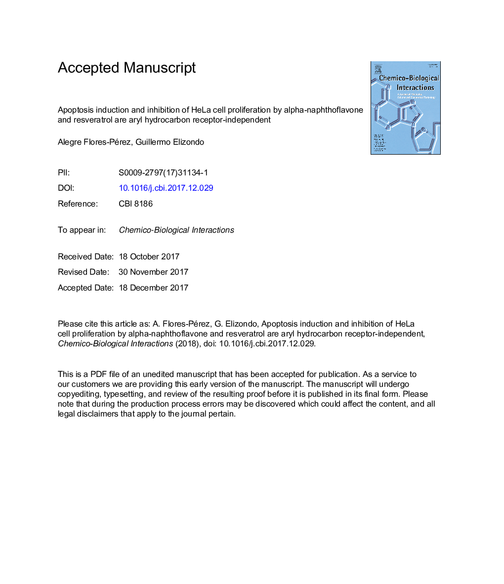 Apoptosis induction and inhibition of HeLa cell proliferation by alpha-naphthoflavone and resveratrol are aryl hydrocarbon receptor-independent