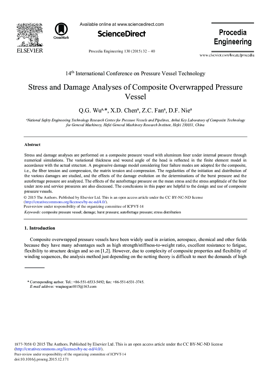 Stress and Damage Analyses of Composite Overwrapped Pressure Vessel 