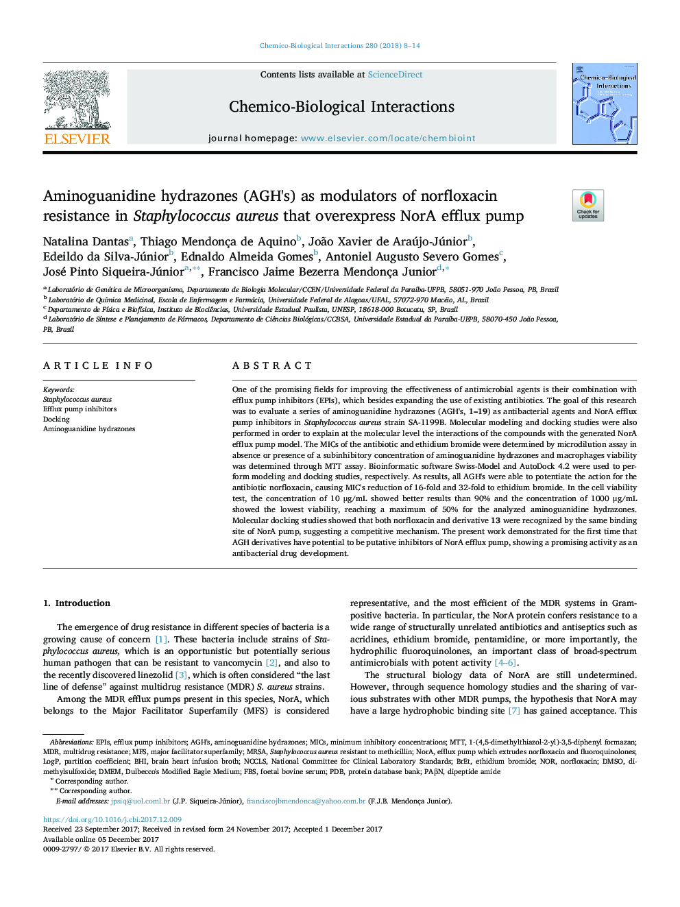 Aminoguanidine hydrazones (AGH's) as modulators of norfloxacin resistance in Staphylococcus aureus that overexpress NorA efflux pump