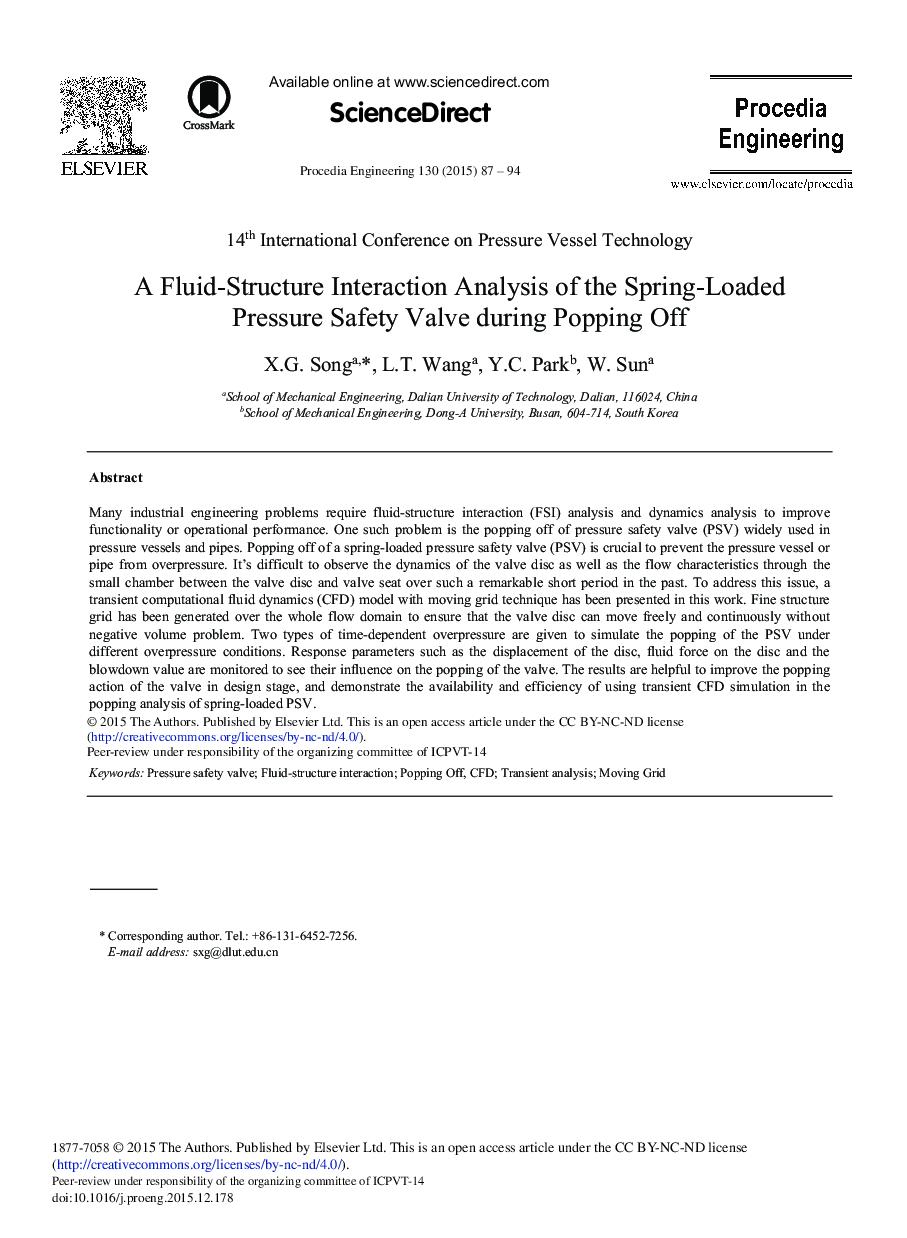 A Fluid-structure Interaction Analysis of the Spring-Loaded Pressure Safety Valve during Popping Off 