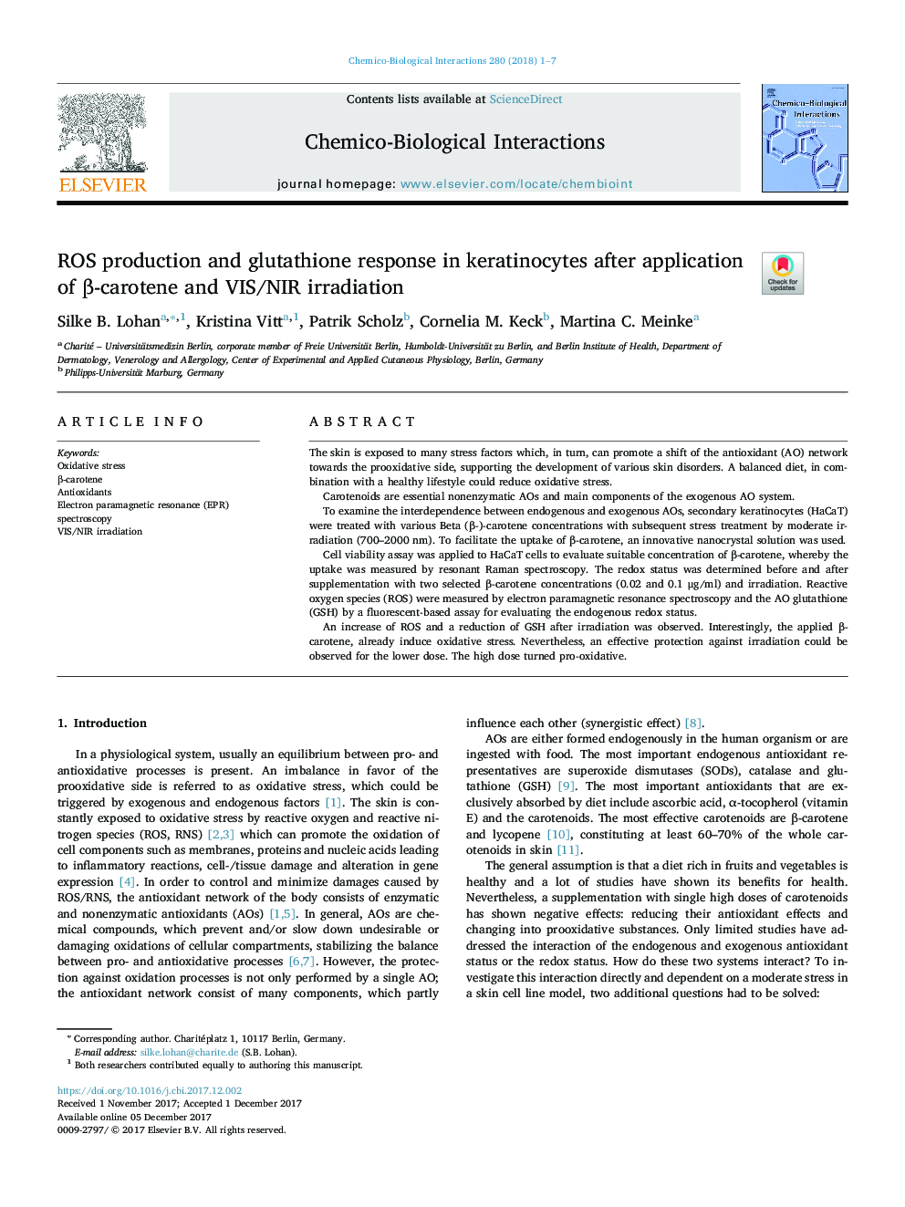 ROS production and glutathione response in keratinocytes after application of Î²-carotene and VIS/NIR irradiation