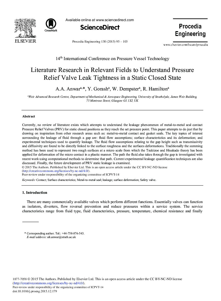 Literature Research in Relevant Fields to Understand Pressure Relief Valve Leak Tightness in a Static Closed State 