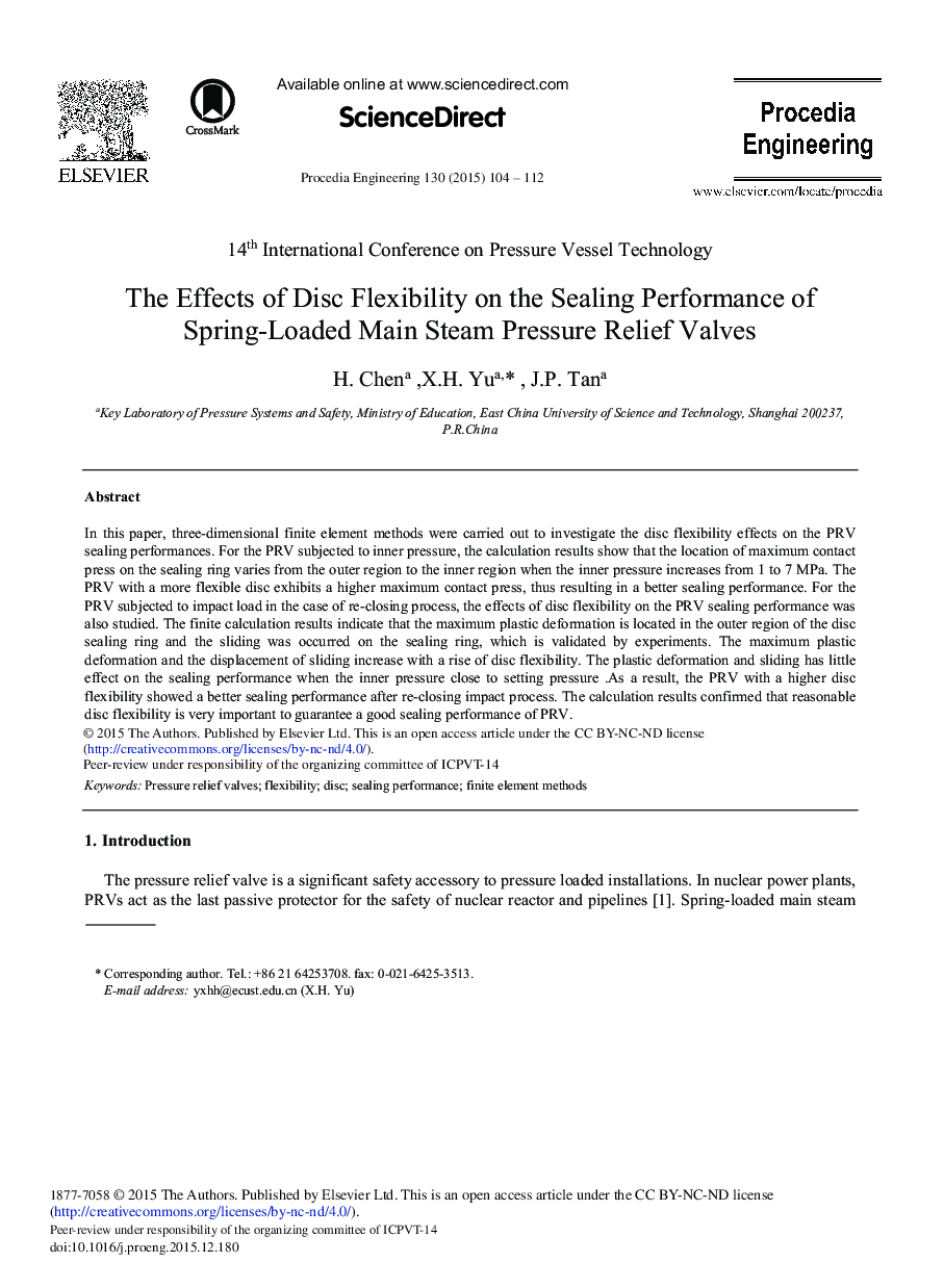 The Effects of Disc Flexibility on the Sealing Performance of Spring-loaded Main Steam Pressure Relief Valves 