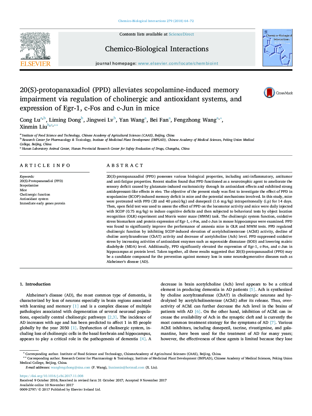 20(S)-protopanaxadiol (PPD) alleviates scopolamine-induced memory impairment via regulation of cholinergic and antioxidant systems, and expression of Egr-1, c-Fos and c-Jun in mice