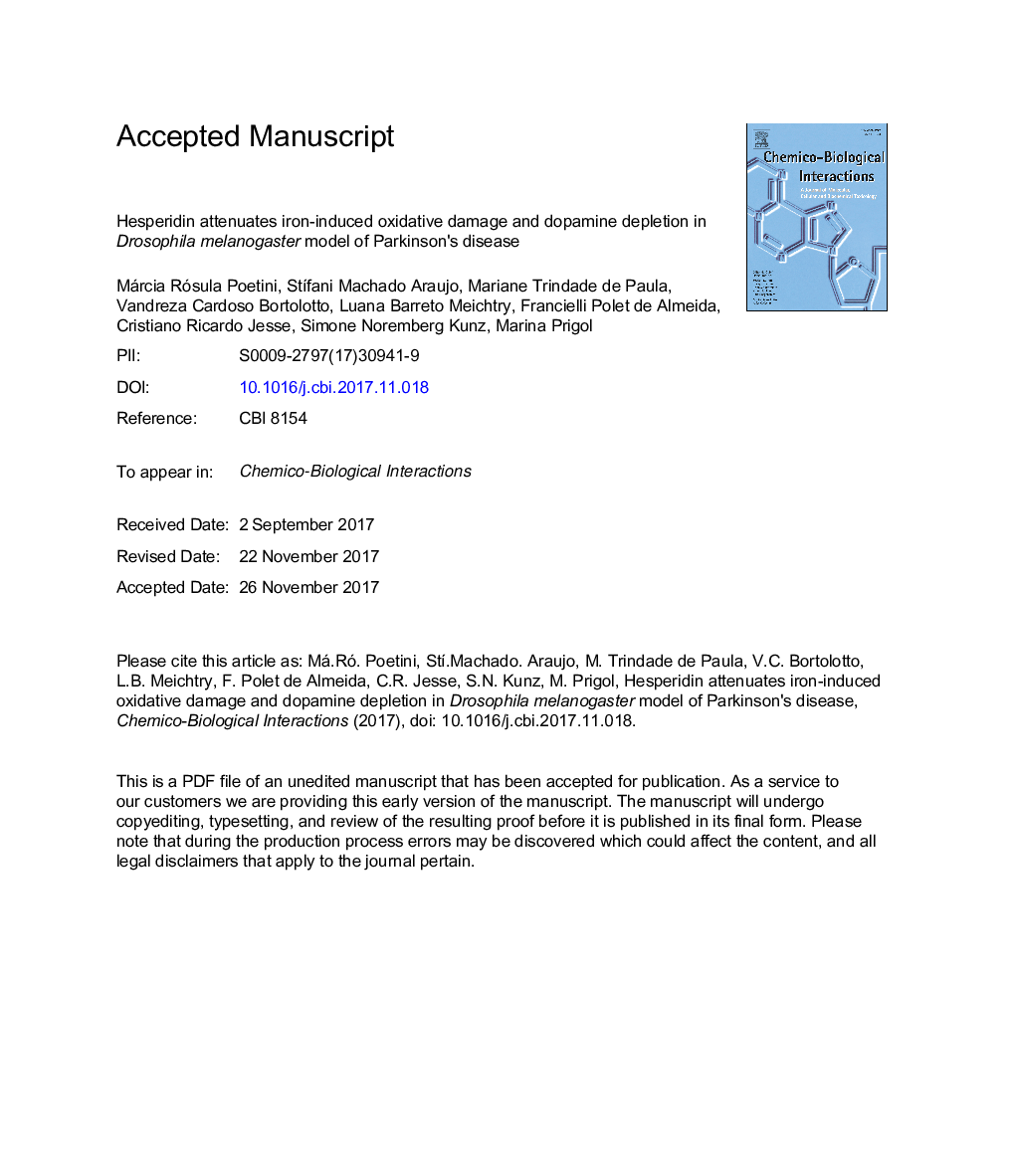 Hesperidin attenuates iron-induced oxidative damage and dopamine depletion in Drosophila melanogaster model of Parkinson's disease
