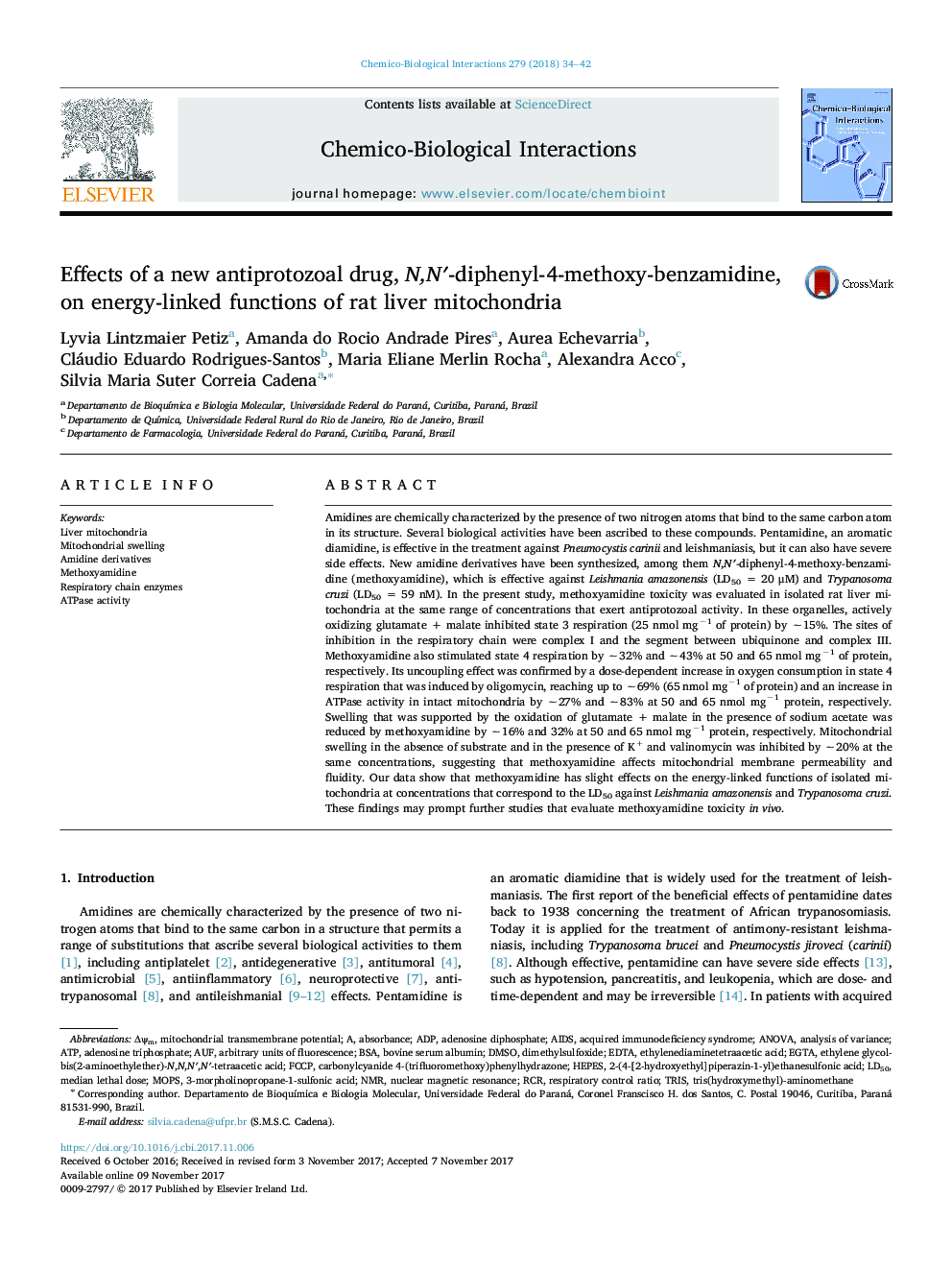 عکس صفحه اول مقاله: Effects of a new antiprotozoal drug, N,Nâ²-diphenyl-4-methoxy-benzamidine, on energy-linked functions of rat liver mitochondria Effects of a new antiprotozoal drug, N,Nâ²-diphenyl-4-methoxy-benzamidine, on energy-linked functions of rat liver mitochondria