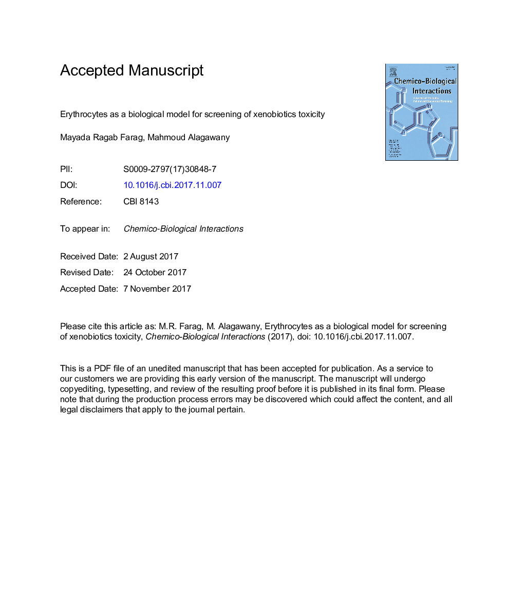 Erythrocytes as a biological model for screening of xenobiotics toxicity